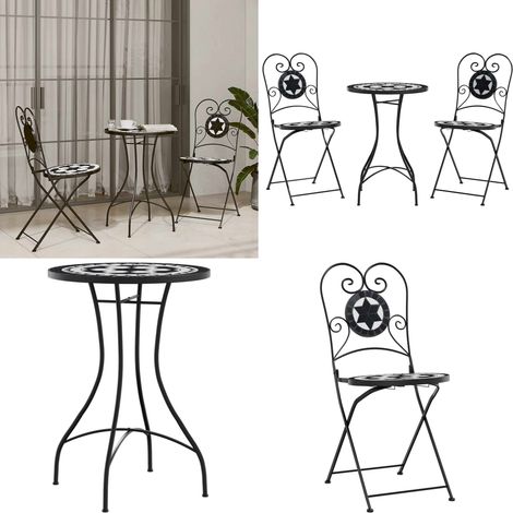 Ensemble de bistro mosaïque noir et blanc fer et céramique - Meubles De Jardin - Salon De Jardin - Set De Bistro - Mobilier De Terrasse - Décoration Extérieure - Home & Living