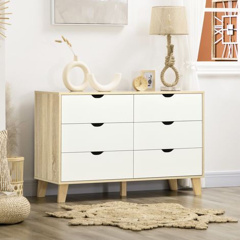 HOMCOM Kommode mit 6 Schubladen, modernes Design, geeignet für Schlafzimmer, Wohnzimmer und Arbeitszimmer, 120 x 40 x 76 cm, Natur und Weiß