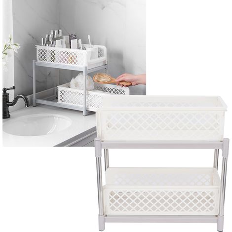 Armoire de Salle de Bain à 2 Étages avec Tiroirs Coulissants et Paniers, Organisateur de Rangement Blanc