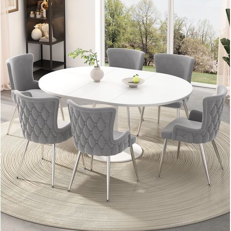 Set di 6 sedie da sala da pranzo in velluto con 4 gambe in metallo argentato, beige (1/5)