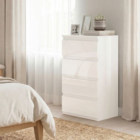 Commode à 4 tiroirs gain de place en bois, 40x35x74 cm, blanc brillant (1/5)