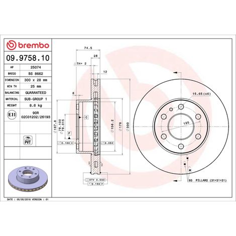 BR 09.9758.10 disco freno Brembo anteriore sinistro/destro (1/5)