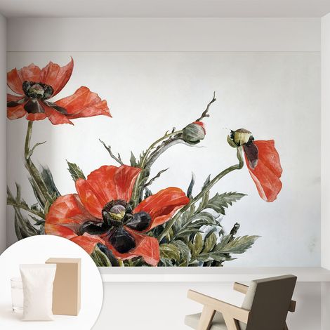 Papier peint décoratif avec colle pour salon, chambre à coucher et bureau – Design moderne et facile à poser Coquelicots rouges 152x104 cm (1/5)