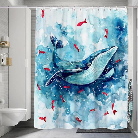 Rideau de douche baleine bleue 120x180cm pour enfants, motif monde marin, poisson rouge mignon et amusant, vague, imitation planches de bois, avec crochets. (1/4)