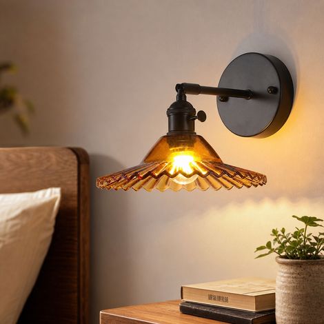 Applique murale rétro en verre épais, corps en fer et aluminium, interrupteur intégré, douille E27, tête orientable à 90°, design简约 pour chambre (1/5)