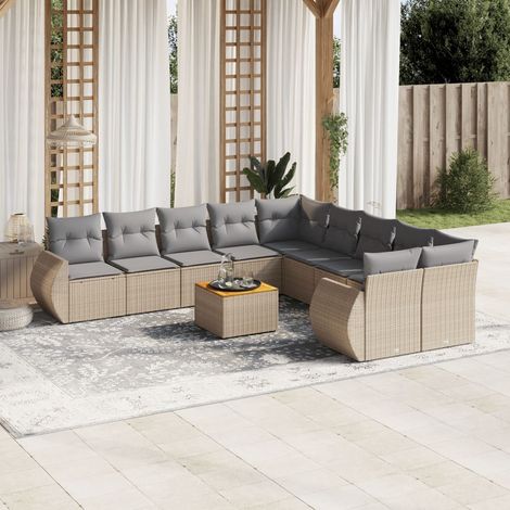 Ensemble Canapé Jardin 11 Pièces en Résine Tressée Beige avec Coussins Lavables et Table en Acacia (1/5)