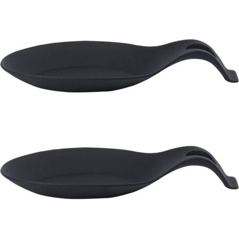 Lot de 2 Repose-cuillères, Silicone noir, Résistant à la chaleur, Surface large, Trou d'accrochage, Cuisine et restaurant (1/5)