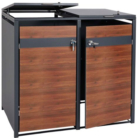 2er Mülltonnenverkleidung HHG-358, Mülltonnenbox, erweiterbar, Metall 50kg, anthrazit Kirsche-Holzoptik dunkelbraun