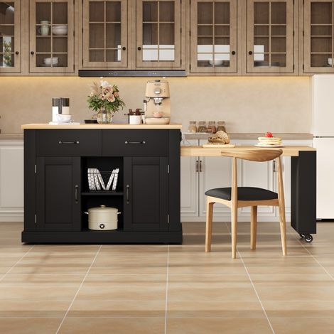 Îlot de cuisine mobile 120 x 60 x 93 cm en panneau de particules noir, table extensible - CHICFURN (1/5)