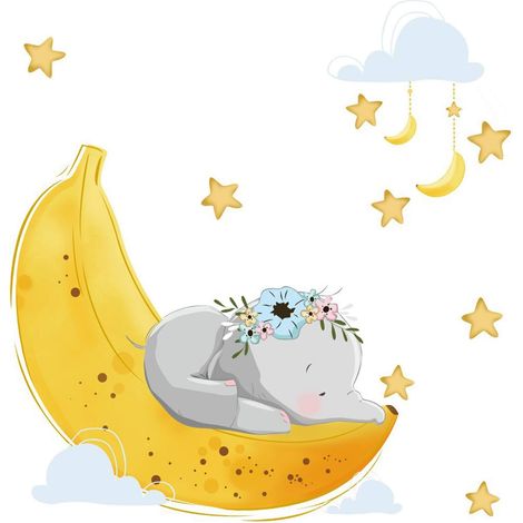 Sticker Mural Éléphant - Nuage Lune Étoile - Décoration Chambre Enfant Bébé - Amovible - Vinyle PVC - 1 Pièce (1/5)