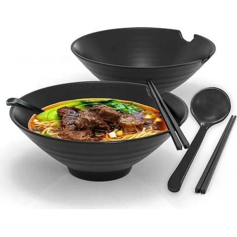 Ensemble de 2 bols à ramen – Service de table japonais traditionnel avec baguettes et cuillère, noir (1/5)