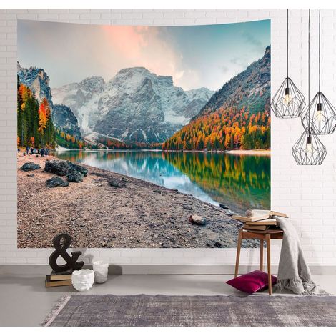 Tapisserie murale représentant un paysage naturel (forêt, plage, lac, arbres, nuages rocheux), vue esthétique, idéale pour une chambre ou un salon (230 cm x 180 cm, coloris 9).