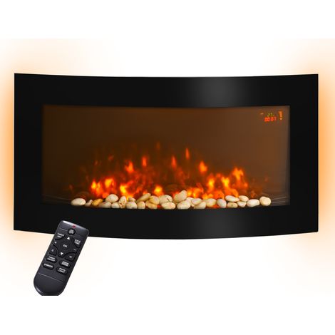 Cheminée murale électrique 1000/2000 W, 7 couleurs LED, température 15-30°C, télécommande, thermostat et minuterie, noir (1/5)