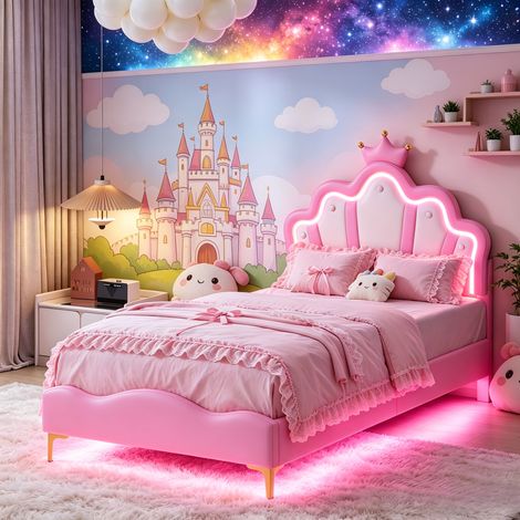 JOOKGBD-Kinderbett Polsterbett 90x200 cm,Einzelbett mit Höhenverstellbares Prinzessinnenkronen-Kopfteil und LED,Jugendbett, Lattenrost,Jugendbett skandinavischer Stil,PU-Leder,Rosa,ohne Matratze (1/5)