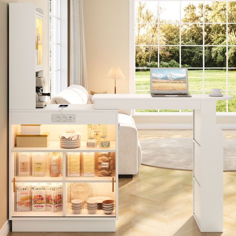 Bar extensible avec rangement 131–170 cm, meuble bar avec portes vitrées, LED connectée, prises USB & Type-C - Blanc (1/5)