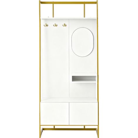 Penderie compacte moderne et minimaliste, meuble de rangement ouvert multifonction avec miroir, crochets métalliques, porte-manteau avec banc à chaussures, rangement pour chaussures, portant à vêtemen (1/5)