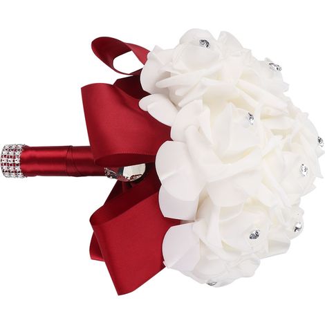 Bouquet de mariée artificiel en fleurs avec strass, décoration pour mariage ou maison (rouge vin) (1/5)