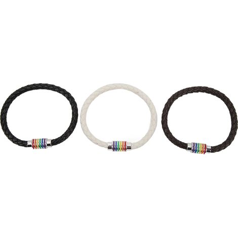 Lot de 3 bracelets LGBTQ+ en cuir, acier inoxydable, tissés, tressés, à fermoir magnétique, noirs, marrons et blancs. Bijoux LGBTQ+ (1/5)