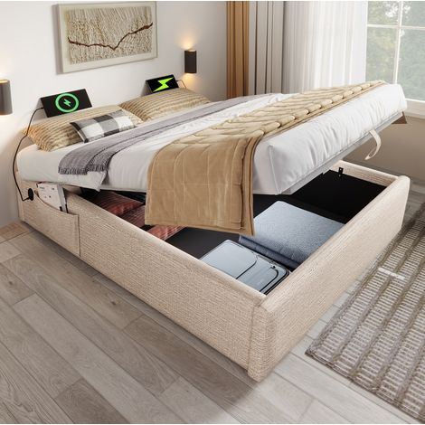 Bett mit Stauraum Leinen Beige/Natur 160x200 cm, ohne Kopfteil, mit USB-C und vollflächigem Bettboden (1/5)