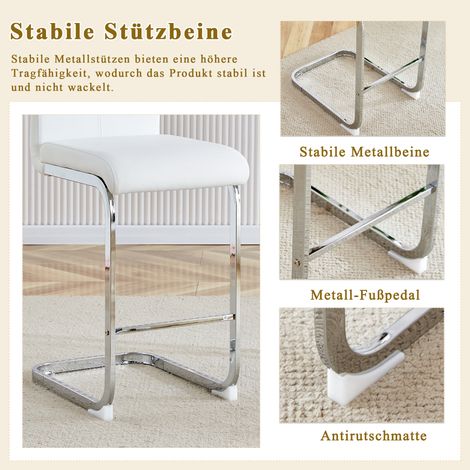 Lot de 2 tabourets de bar design scandinave, revêtus de simili cuir blanc premium, pieds en métal argenté. Parfaits pour cuisine, restaurant ou bar. Hauteur totale : 96,5 cm. (1/5)