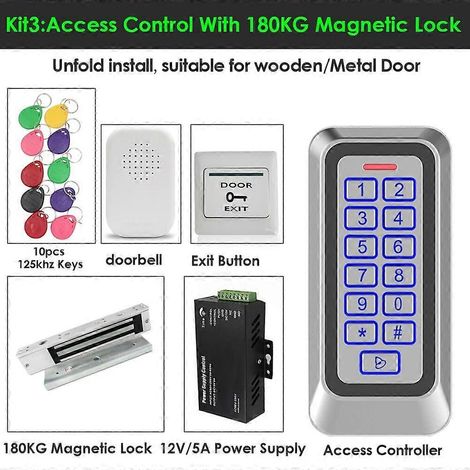 Kit de contrôle d'accès RFID étanche IP67 avec clavier métallique indépendant, serrure électronique et bouton de sortie. (1/5)