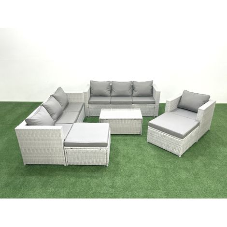 Fimous Wicker PE Rattan Sofa Garden Furniture Set with Armchair Oblong Coffee Table 2 Big Footstools Light Grey Mixed (1/5)