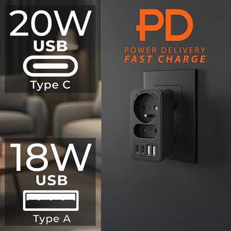 Répartiteur Maclean avec 2 prises (2 x USB A, 2 x USB C PD 20 W, 1 x 16 A + 1 x 6 A). MCE249 F/B (1/5)