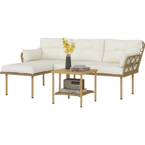 Ensemble de jardin 3 pièces avec méridienne, canapé, coussins et table basse, en rotin et acier, blanc crème et bois. (1/5)