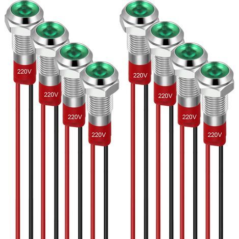 8pcs 6mm Voyant LED 220-230V Signal Lumineux étanche Panneau Métallique Voyant LED Montage sur Panneau Tête Plate avec Fils Coque Argentée, Vert (1/5)