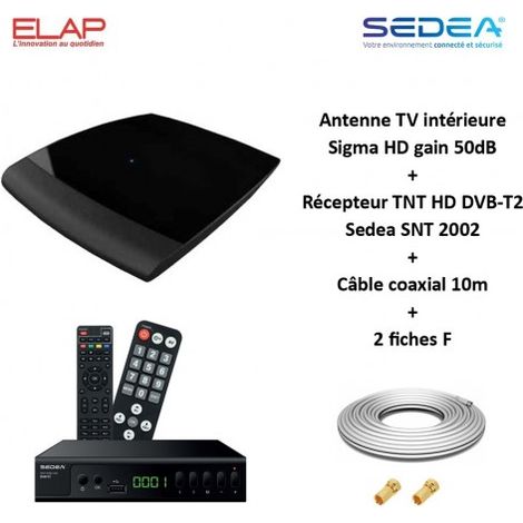 Antenne TV intérieure Sigma HD, UHF 470-790, gain 50dB ELAP + Récepteur TNT HD DVB-T2 Sedea SNT 2002 + Cable coax 10m + 2 fiches F (1/5)