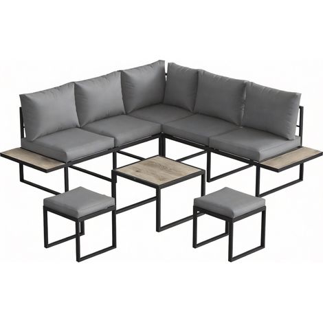 Salon de jardin extérieur 6 places modulable avec table basse et plateaux latéraux en bois PSPC, coussins épais gris 10cm (1/5)