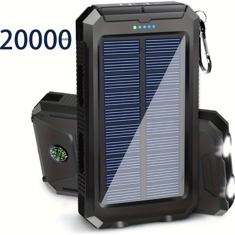 20000mAh Portable Solar Power Bank, Portable Solar Mobile Phone Charger, Camping External Battery Charger for Mobile Phones, 2 USB/ LED Flashlights with Compass for Outdoor Activities (1/5)