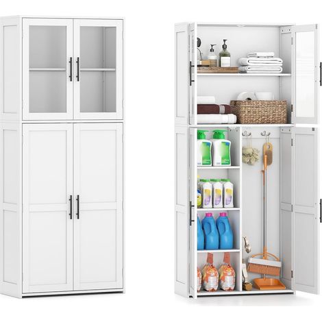COSTWAY Meuble Colonne Salle de Bain, Armoire à Balais, Meuble de Rangement avec 2 Placards, Étagère Réglable, Armoire de Nettoyage pour Salon, Cuisine, Buanderie, 70 x 30 x 168 cm, Blanc (1/5)