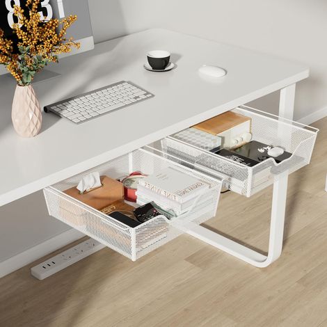 2 Pack Tiroir Sous Bureau Autoadhésif Rangement Tiroir Bureau Grille Blanc (1/5)