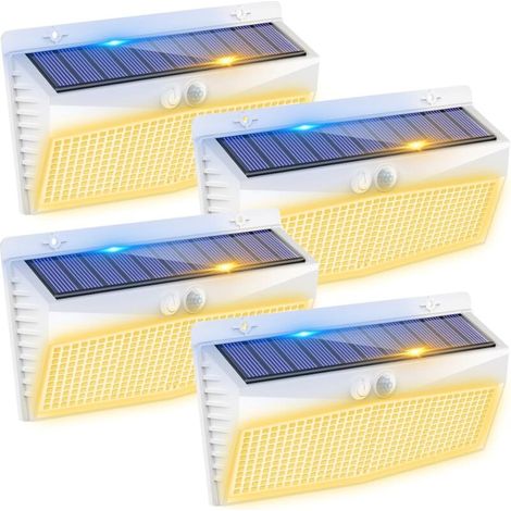 368LED Lampe Solaire Exterieur Detecteur de Mouvement Lot de 4, 3 Modes Lumiere Solaire, Étanche Eclairage Solaire pour Mural Jardin Outdoor Garage Cour, Blanc Chaud (1/5)
