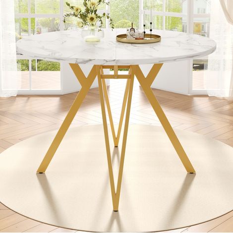 MEUBLIV Table à manger ronde 100x100x76 cm doré – plateau finition marbre, sans matelas (1/5)