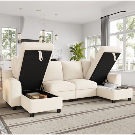 Divano angolare a forma di U 280 x 137 x 84 cm in ciniglia, con contenitore, 2 chaise longue, per uso quotidiano - beige (1/5)