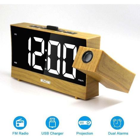 Radio-réveil projecteur de plafond, radio-réveil projecteur de plafond avec ble alarme, radio-réveil avec grand écran, fonction snooze, réglage progressif de la luminosité, 2 ports de chargement US (1/4)