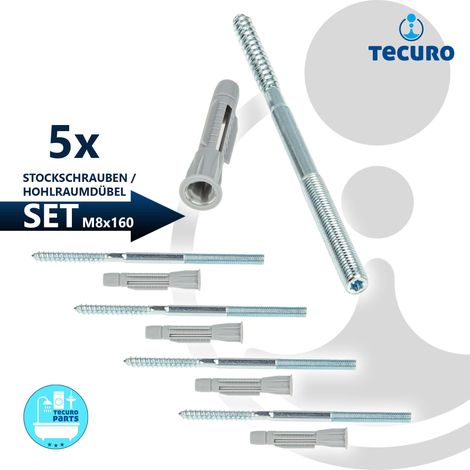 tecuro Stockschraube M 8 x 160 mm, verz. mit Universal Hohlraumdübel - 5 Stück