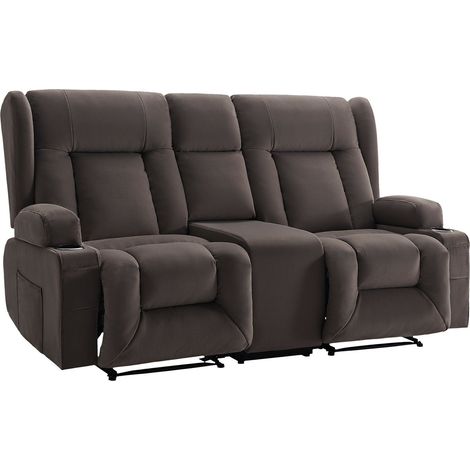 Canapé inclinable 2 places en suédine, fauteuil relax électrique avec massage et chauffage, console centrale, ports USB, porte-gobelets et poches latérales, pour salon (1/5)