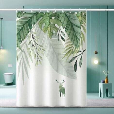 180x200 cm(motif de feuilles de plantes)Rideau de Douche Anti Moisissure ,Rideau de Douche Tissu Lavable en Machine avec 12 Crochets Antirouille,Ri