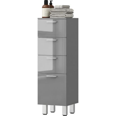 Meuble de salle de bain, armoire de toilette, 4 tiroirs, panneaux de particules, surface lisse, gris (1/5)