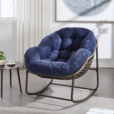 Fauteuil à bascule en rotin 78x106x90 cm, rocking chair extérieur/intérieur, cadre en métal, velours côtelé bleu