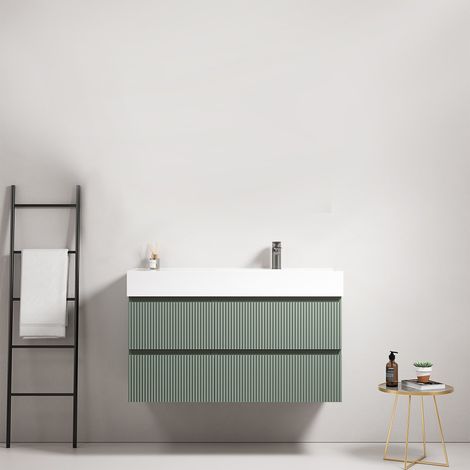 Mobile bagno sospeso cannettato 100 cm Verde Salvia Lavabo a Destra in Resina Senza Specchio - Fiji Paint (1/4)