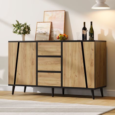 Sideboard 120/40/70 cm in Naturholzoptik und Schwarz, 2 Türen, 3 Schubladen, verstellbare Böden (1/5)