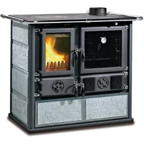 Nordica – Cuisinière à bois 6,5 kW – Revêtement en pierre naturelle – Foyer en fonte – Four panoramique émaillé 41 l – Efficacité 78,9 % classe A