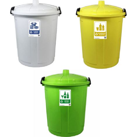 Set 3 bidoni grandi 50lt per la raccolta differenziata etichetta carta plastica vetro metallo contenitori con coperchio e chiusura antiodori randagismo per casa cucina giardino locali commerciali (1/5)