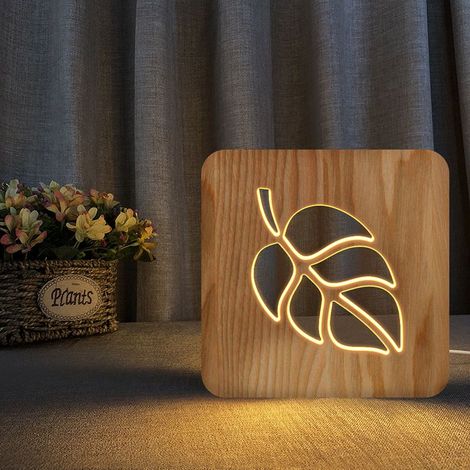 Veilleuse - Forme Feuille En Bois Massif Et Acrylique - Lampe LED 3D Pour Chambre D Enfant - 1 Pièce (1/4)