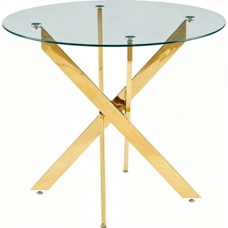 Dining Table with Cross Metal Leg and Tempered Glass, Modern Space-Saving Kitchen Table for Living Room, Chrome Legs, Round Table, golden Legs, 80x80x75cm (1/5)