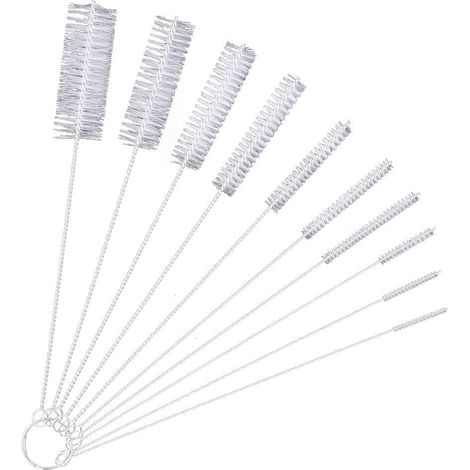 Set di 10 spazzole per la pulizia di bollitori, teiere, pistole a spruzzo, ugelli, tubi, tastiere per auto, in nylon, 200 mm, colore bianco.